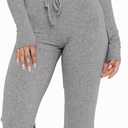 Womens 2 Piece Lounge Sets Long Sleeve Crop Tops V Neck Flare Pants Set Fall Y2k Casual Outfits (Medium, Grey)