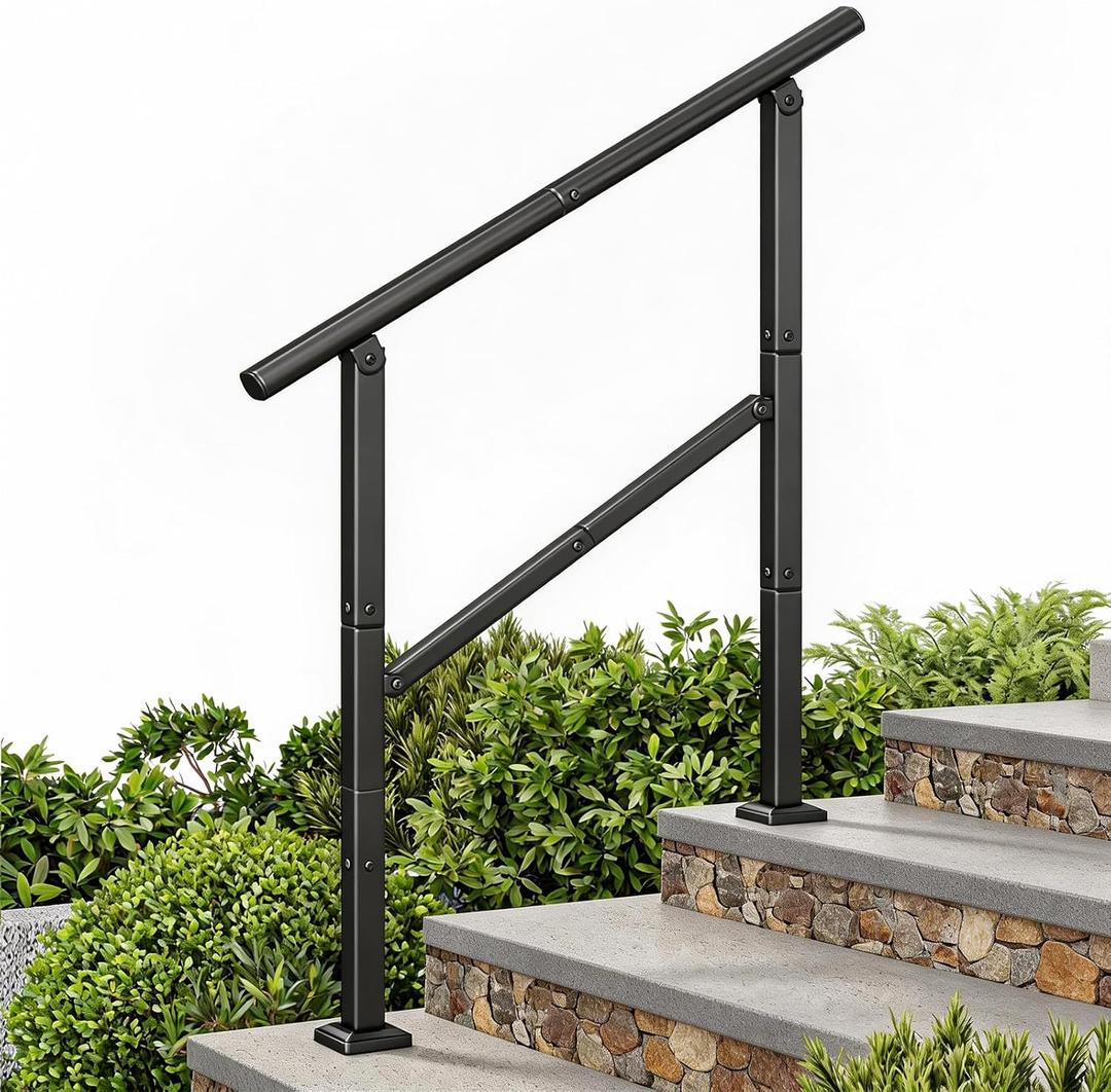 Hand Rails for Outdoor Steps, 2 to 3 Steps Stainless Railing for Stairs, Hold-Tight Handrails for Seniors & Kids,Outdoor Stair Railing for Concrete Brick Wooden Stairs,Black Rail for Porch,Deck,Garden