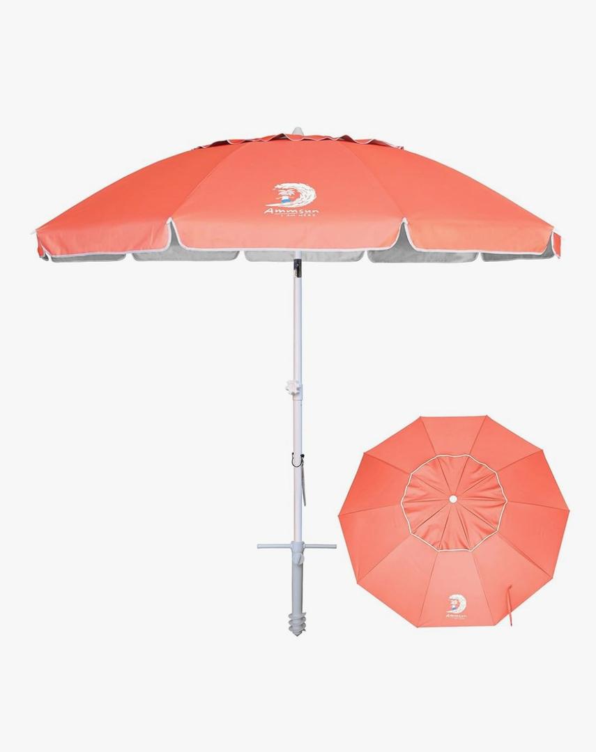 AMMSUN 8 Feet Large Beach Umbrella with Sand Anchor Heavy Duty High Wind Portable Outdoor Umbrellas UV 50+ Protection Air Vent Tilt Patio Garden Pool