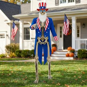 3 Pcs 12ft Skeleton Outfit Set, Patriotic Uncle Style Costume with Stars Top Hat, Tailcoat, and White Beard for Giant Skeleton Halloween Outdoor Decor, Fourth of July Lawn Decoration