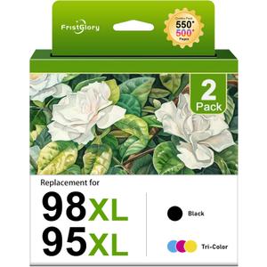 98XL 95XL Ink Cartridges Black & Color Remanufactured Combo Pack Replacement for HP 98 95 Officejet 100 150 H470 6310 PhotoSmart 8050 C4180 C4580 Deskjet 5940 Printer 2-Pack (1Black/1Tri-Color)