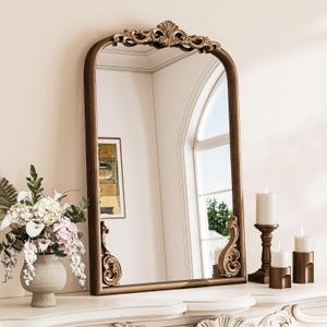 TETOTE Antique Brass Arched Mirror for Wall 16 x 24 Vintage Gold Frame Baroque French Ornate Mantle Mirror for Fireplace Bathroom Living Room Bedroom Decor, French Cleat Mount (24"L x 16"W, Antique Gold)
