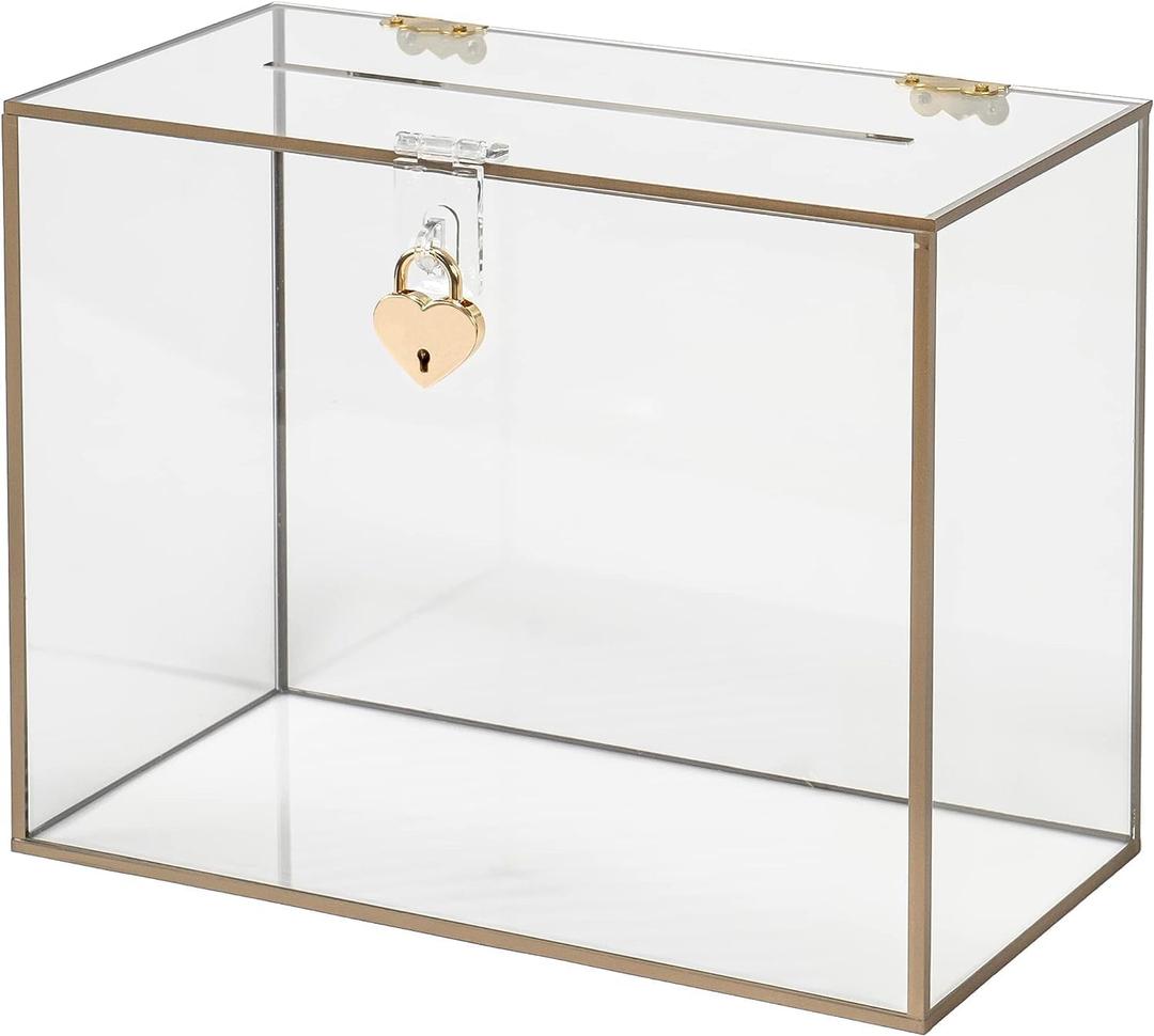 Red Co. 10.5 x 8.5 Clear Acrylic Wedding Card Box with Golden Frame and Heart Shaped Lock