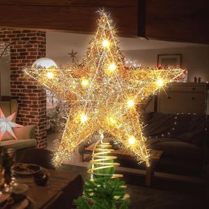 11.8'' Light-up Christmas Tree Topper Star, 20 Warm White LED Lights with Sparkling Yarn, Xmas Tree Top Decoration (Golden)