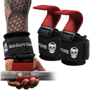 Gymreapers Weight Lifting Hooks (Pair), Heavy Duty Power Wrist Straps Hand Grip Support For Deadlifts, Pull Ups, Shrugs - Gym Gloves For Men and Women (Red)