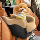 Portable Small Dog Seat for Car, Luxury Center Console Dog Car Seat Booster with Safety Tethers, Anti-Collapse Pet Travel Carseat for SUV, Truck (Black/Brown)