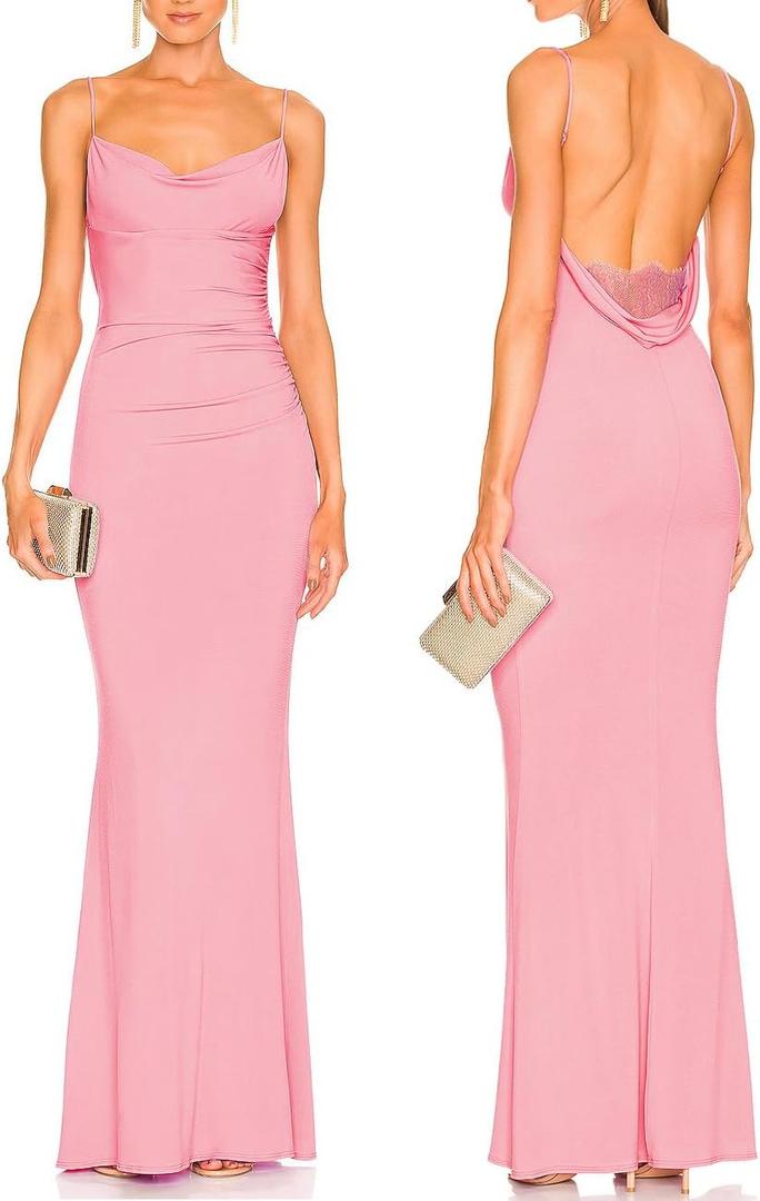 Capuffy Women Drape Neck Formal Maxi Dresses Lace Backless Cocktail Party Dress Spaghetti Straps Mermaid Evening Gown 221 (Pink, S)