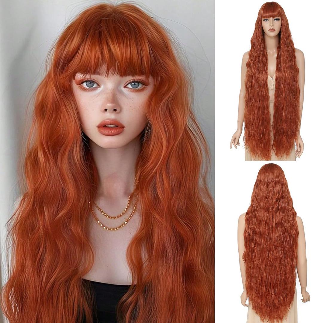 Civrie Long Wavy Wig with Bangs for Women, Wig Long Orange Bangs Wig, Natural Looking Synthetic Heat Resistant Hair，Wigs for Daily Party and Halloween Wig (40 Inch)