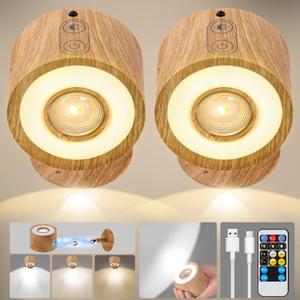 LED Wall Mounted Lights 2 Psc with Remote, 3000mAh Rechargeable Battery Operated Wall Sconces, 3 Lighting Modes & Dimmable, 360°Rotate Cordless Wall Light for Bedroom Bedside Reading Study(Burlywood)