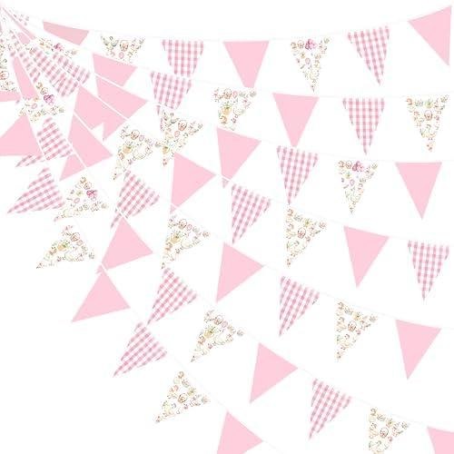 32Ft Goose Party Decorations Pink Gingham Plaid Silly Goose Themed Fabric Banner Triangle Pennant Flag Garland Streamers for Kids Girls Farm Animals First Birthday Baby Shower Duck Garden Supplies
