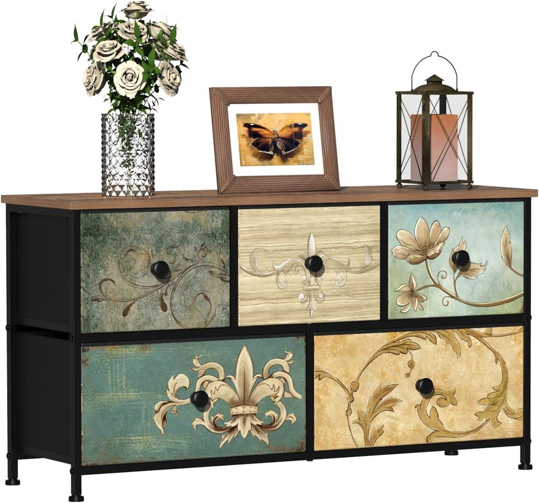 Tohomeor Dresser with Drawers for Bedroom Chest of Drawers Fabric Dresser for Closet,Nursery Entryway Hall Tree TV Stand for Living Room Retro Floral Pattern Drawers Wooden Top (5 Drawers), 11.8"D x 39"W x 21.5"H