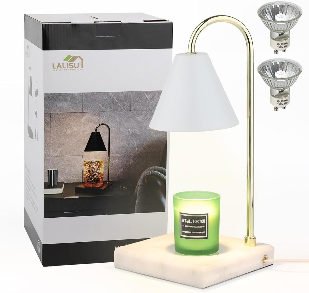 Candle Warmer Lamp, Electric Candle Lamp Warmer with Dimmer, Bedroom Home Decor Marble Base Dimmable Vintage Wax Melt Warmer for Scented Wax with 2 * 50W Bulbs (White-01) (White + Gold Pole)