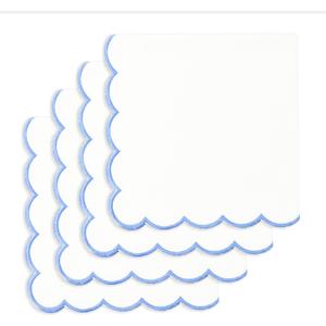 PurpleEssences Scalloped Embroidery Cloth Napkins - Spring Easter Summer - Table Decor - 100% Cotton - Set of 4-18x18 inch - White - Edges - Light Blue