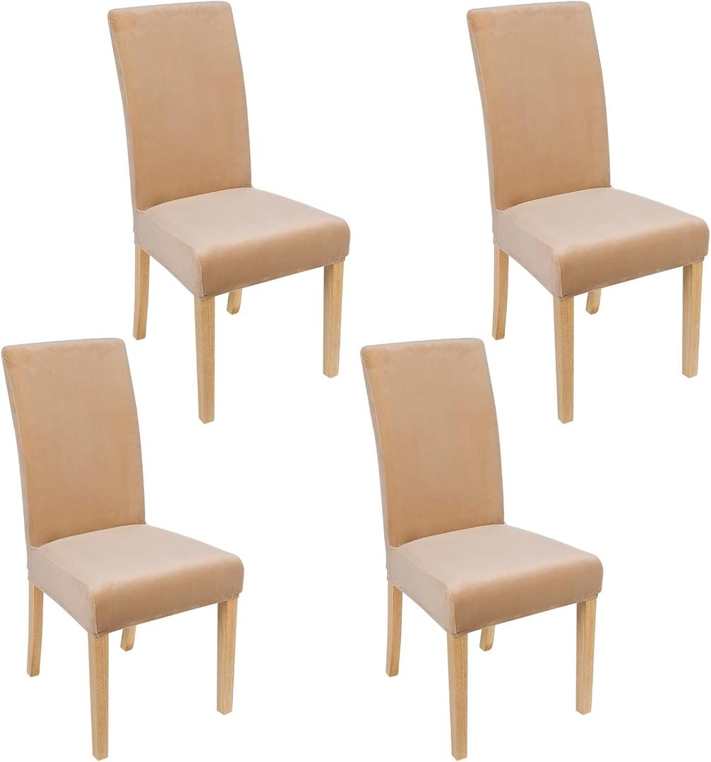 Smiry Velvet Stretch Chair Covers for Dining Room Set of 4, Soft Fit Removable Washable Kitchen Parsons Chair Slipcover Protector, Beige