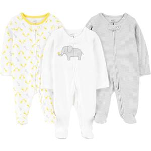 Simple Joys by Carter's 3-pack Sleep and Play (Newborn, Light Grey Mini Stripe/White Elephant/Giraffe)