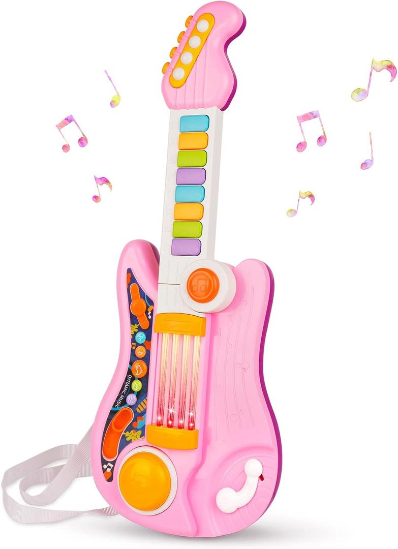 Kids Guitar 2 in 1 Musical Instruments for Kids Piano Toddler Toy Electric Guitars with Strap Music Toys for 3 4 5 Year Old Boys Girls Gifts (Pink)