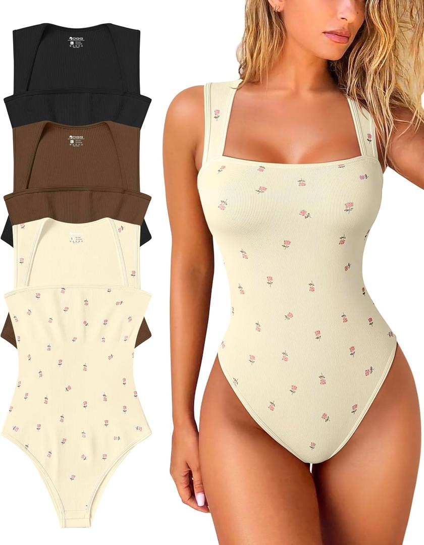 OQQ Women's 3 Piece Bodysuits Sexy Ribbed Strappy Square Neck Sleeveless Tummy Control Tank Tops Bodysuits (Black,coffee,roses Beige)