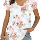 T&Twenties Womens Summer Tops Ruffle Short Sleeve Tunic Tops V Neck Loose Fit Flowy T-Shirts (L)