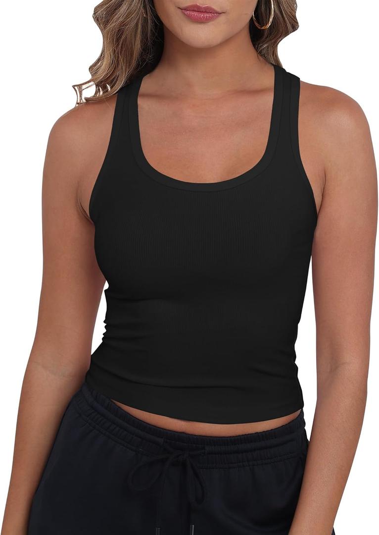 GEMBERA Women Sleeveless Scoop Neck Racerback Ribbed Knit Fitted Teen Basic Crop Tank Top Shirt (Medium, Black)