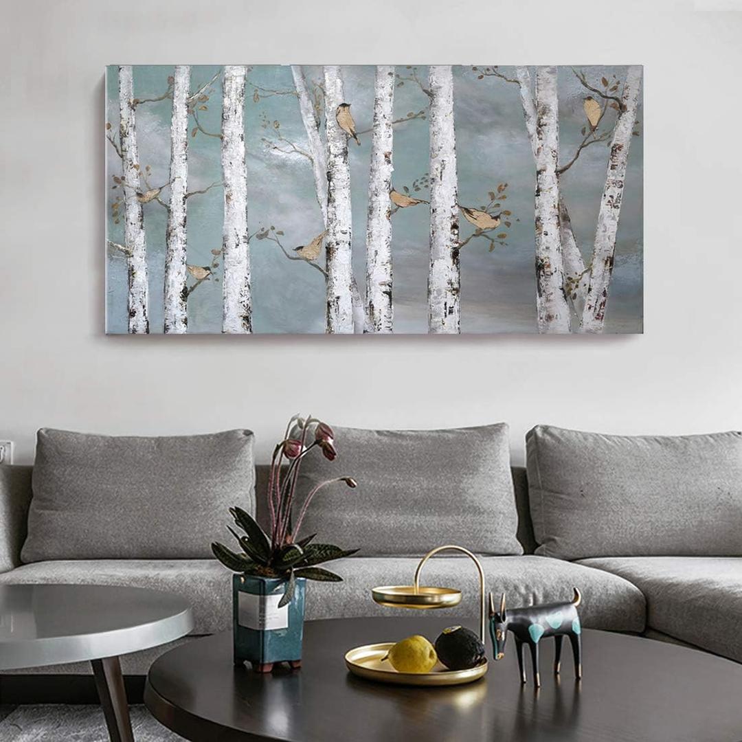 Large Tree Wall Art Hand-Painted Landscape Forest Oil Painting Gallery Wrapped Framed Canvas Gold Bird Birch Artwork 'White Birch at Night' for Living Room Bedroom Office Dcor Teal White 48"x24" (48L" x 24W", Bird and Tree Wall Art)