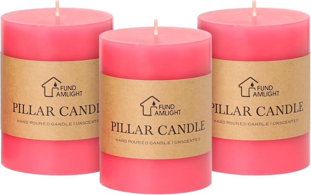 3x4 Inch Pink Pillar Candles Set of 3 - Decorative Unscented Pillar Candle - Valentines Day Candles - Long Burning Dripless Smokeless Large Pillar Candle for Wedding Table, Dinner, Valentines Decor