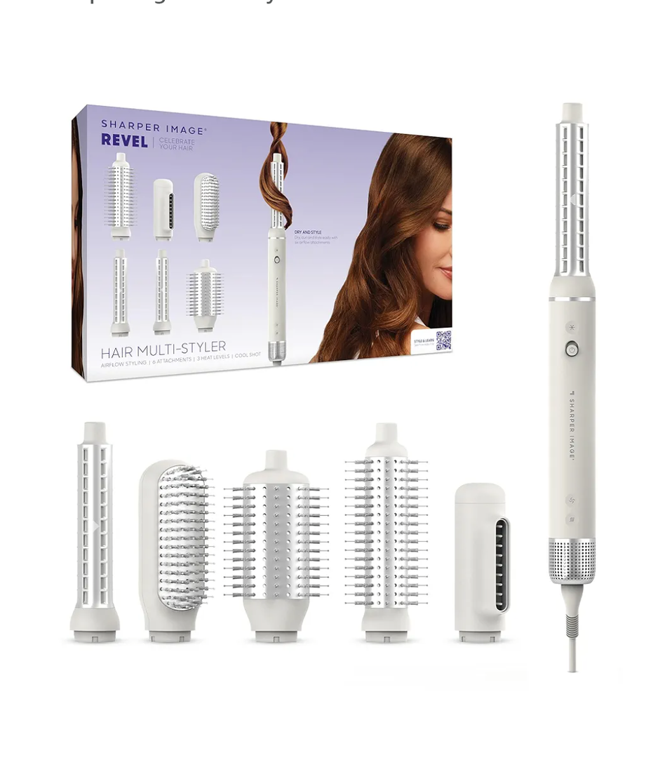 Sharper Image Revel 6-in-1 Airflow Hair Styler – Ionic Multi-Styler with Curling Wand, Detangler, Volumizing & Smoothing Brushes| Air Wrapping Styling Tool| Hot Brush| Straight & Curly Hair Product