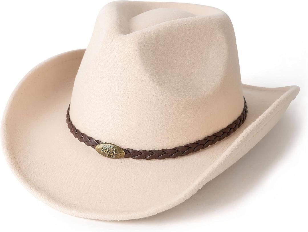 Men & Women's Classic Wide Brim Western Felt Cowboy Cowgirl Hat with Belt Buckle