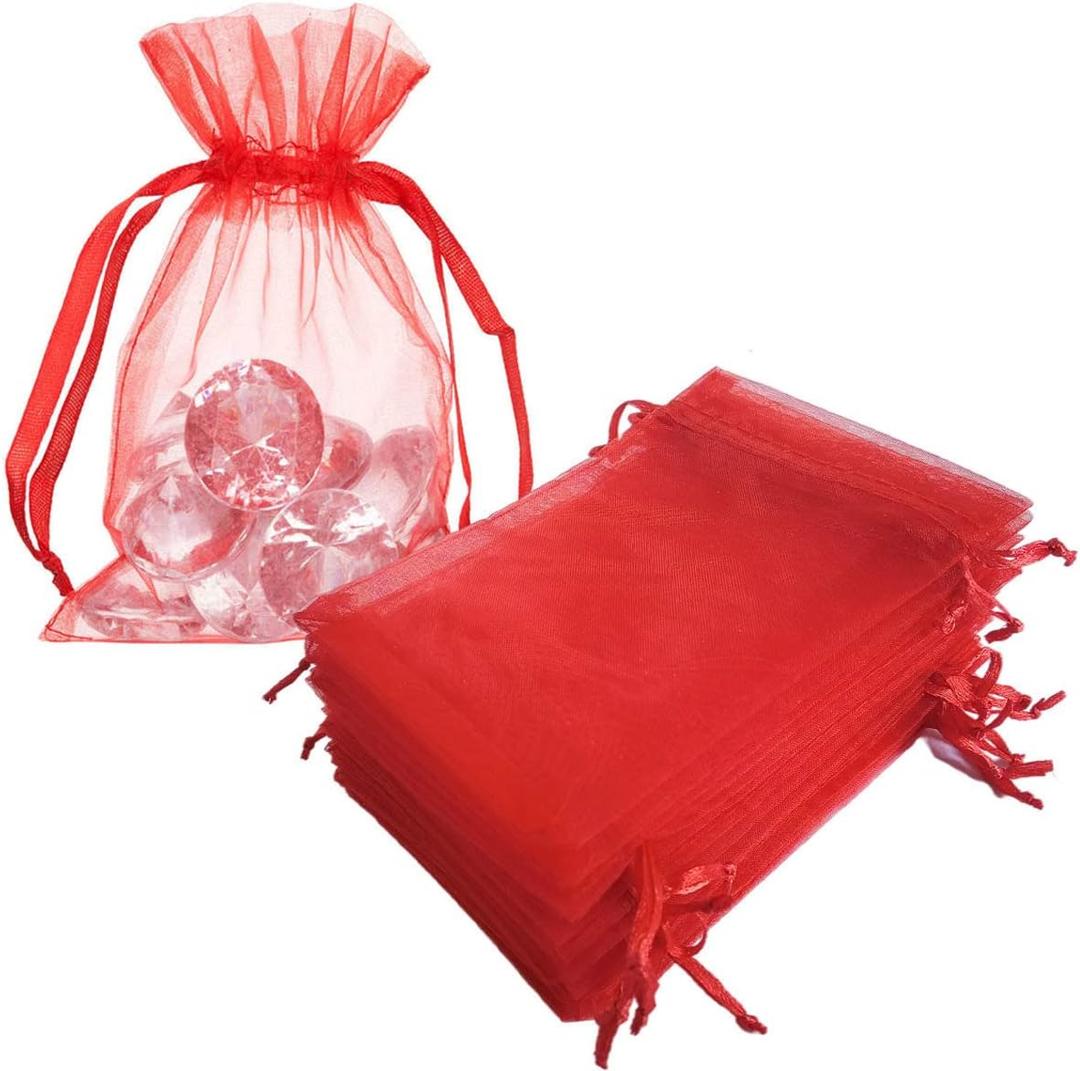 50 Pc Gift Organza Bags Red Drawstrings 4x6 Inch for Baby Shower,Christmas,1st Birthday,Party Favor,Wedding,Graduation Sheer Mesh Decorations Clear Fabric Wrap Sachet for Jewelry,Food