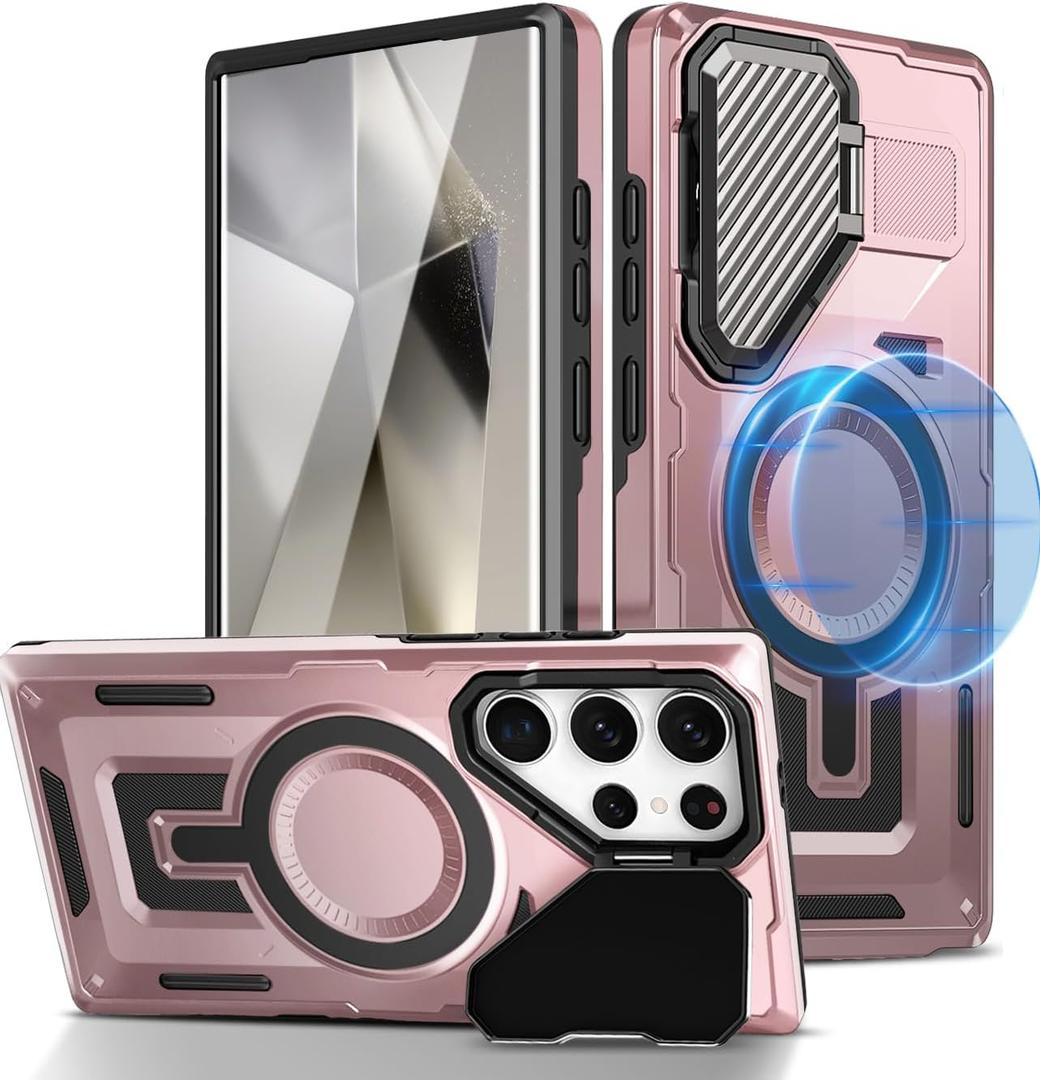 Magnetic for Galaxy S22 Ultra Case, Compatible with Magsafe [Camera Lens Protector] with Kickstand Heavy Duty Shockproof Military Grade Phone Case for Samsung Galaxy S22 Ultra Case (Pink)