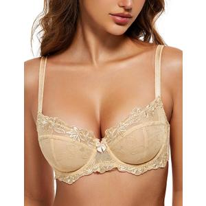Wingslove Women's Sexy Lace Plus Size Embroidered Sheer Unpadded Underwire Unlined See Through Bra (34D, Nude)