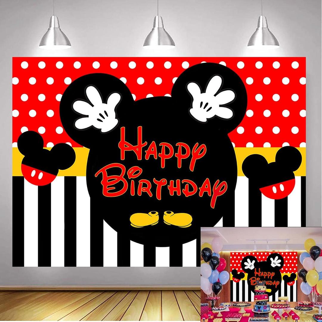 5x3FT Mickey Mouse Photo Backdrop Mickey Happy Birthday Backdrop Red Black Stripes Dots Cartoon Mouse Backdrops for Baby Birthday Party Cake Table Background