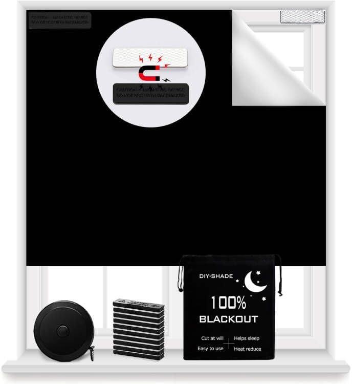 Magnetic Blackout Blind 100% Blackout Curtain DIY Window Blinds Black Out Window Shades for Baby Nursery,Cut to Any Size/Shape (118"x57") (Black)