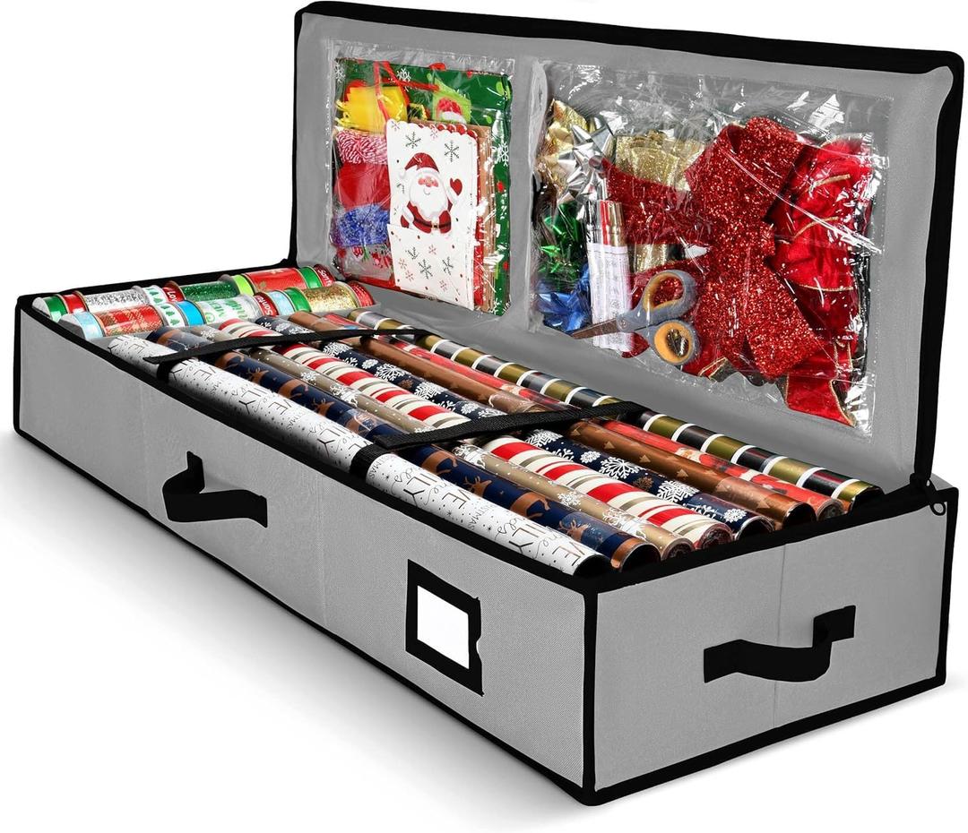 Gift Wrap Organizer, Christmas Wrapping Paper Storage Bag w/Useful Pockets for Xmas Accessories, Fits Upto 24 Rolls, Underbed Storage for Holiday Decorations, Large Capacity Storage Box (Gray)