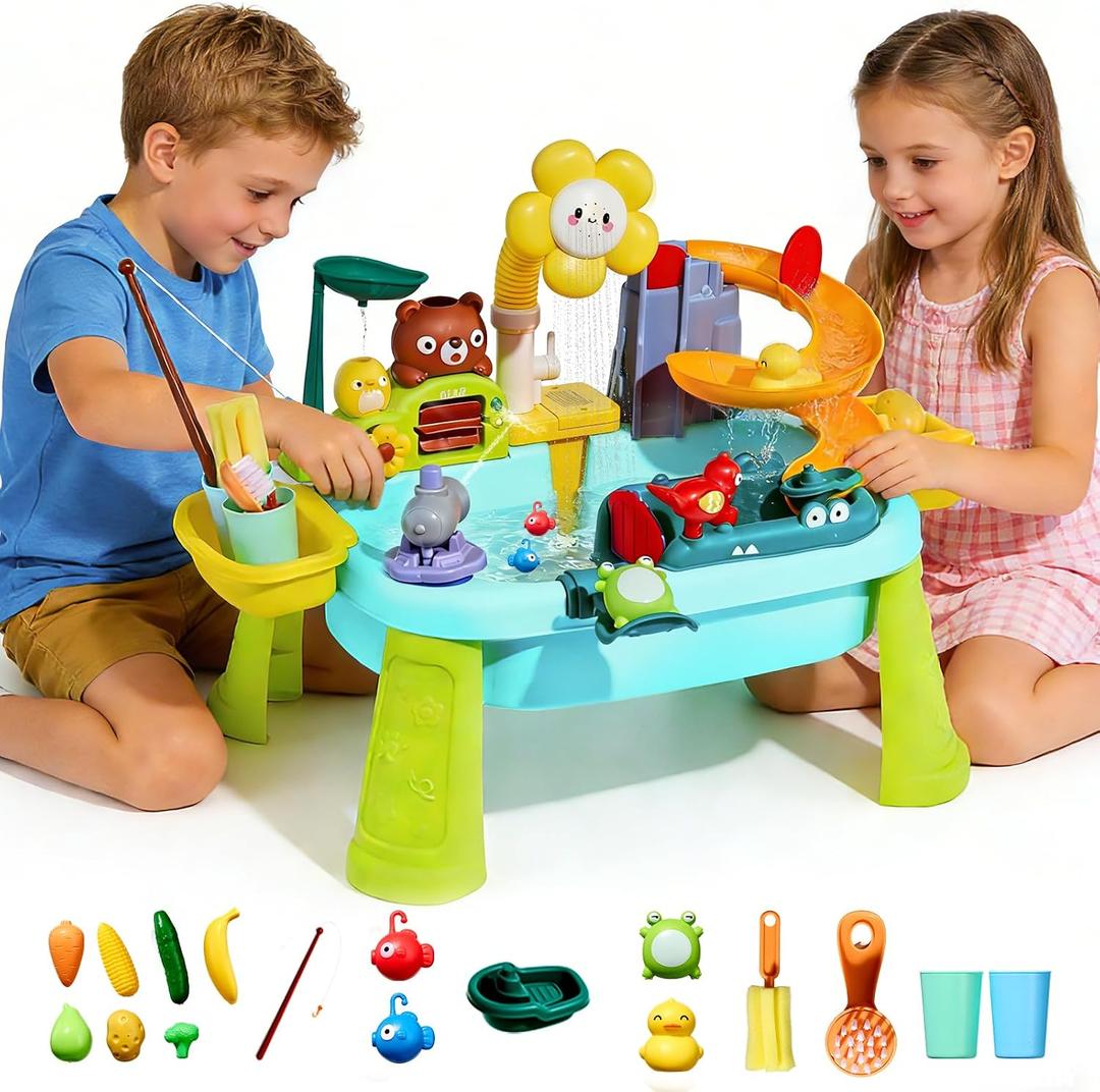 Upgraded Toddler Sand Water Table Toy with Electric Water Pump, Kids Sand Water with Faucet/Play Food Accessories/Fishing Toy, Kitchen Play Sink Toys for Girl Boy Age 3+ (Blue)