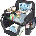 MENZOKE Kids Travel Tray, Travel Tray for Kids Car Seat with Educational Drawing Board, Tablet Holder & Cooler Cup Holder, Portable Road Trip Essentials Child's Gifts for Car Trip, Airplane, Black