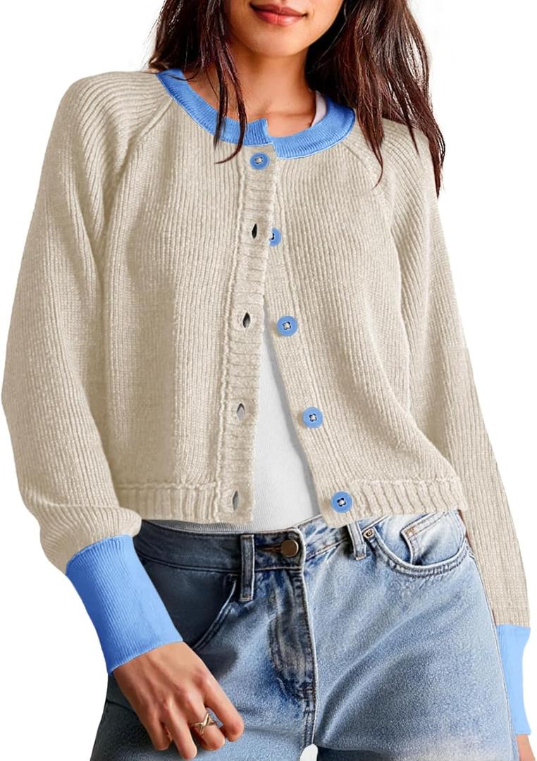 Saodimallsu Womens Cropped Cardigan Sweaters Button Down Open Front Long Sleeve Fall Trendy Color Block Knit Coats (Medium, Apricot)
