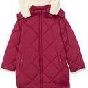 Amazon Essentials Toddler Girls' Long Quilted Cocoon Puffer Coat, Ecru Raspberry Red Shearling, 2T