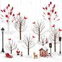 Warmtree 8 Pcs Christmas Village Trees, Christmas Village Accessories Miniature Tree with Cardinal Figurine for Holiday Home Garden Office Festival Decor