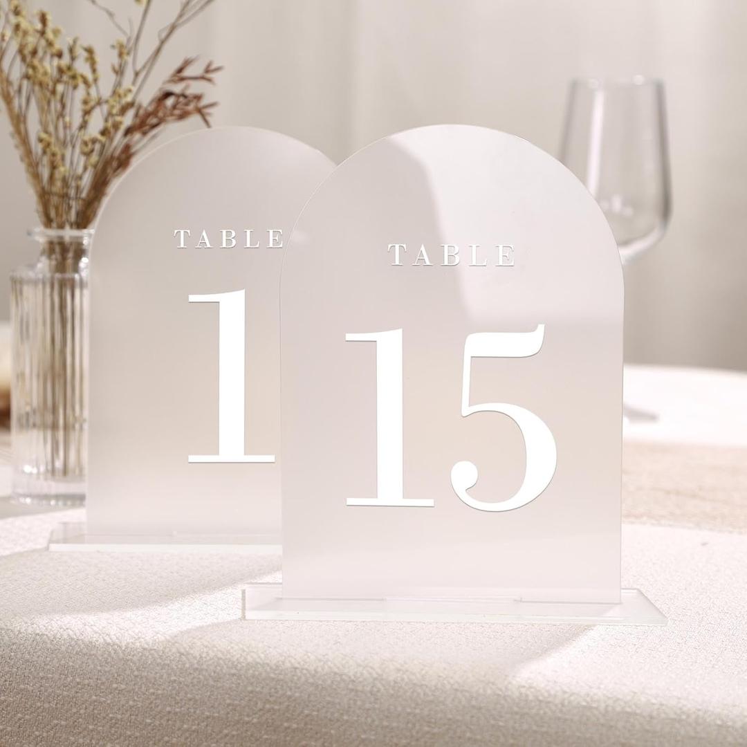 UNIQOOO Frosted Arch Wedding Table Numbers with Stands 1-15, 5x7" Acrylic Display Signs and Holders, Pack of 15, Perfect for Centerpiece, Reception, Decoration, Party, Anniversary, Event, White Font 1-15