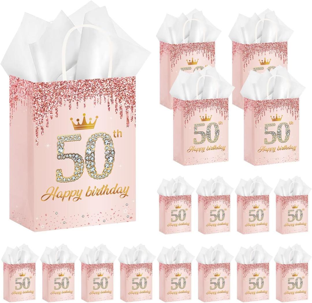 50Pcs 50th Birthday Party Favors Gift Bags Bulk Rose Gold Happy 50th Candy Wrap Bags with Tissue Paper Birthday Souvenir Bags for Guests Men Women Party Celebration Decorations Supplies (50th)