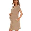 WiWi Soft Viscose from Bamboo Maternity Nursing Nightgown Labor Gown Short Sleeve Breastfeeding Light Dress, Khaki, Small