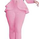 Women's Deep V Neck Ruffle Blazer Two Piece Outfits Sets Long Sleeve Long Pants Bodycon Business Suit Set (Small, Pink)