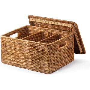 Handwoven Rattan Basket With Lid, Natural Wicker Storage Basket with Detachable Divider for Organizing, Large Wicker Basket With Lid for Storage and Decoration