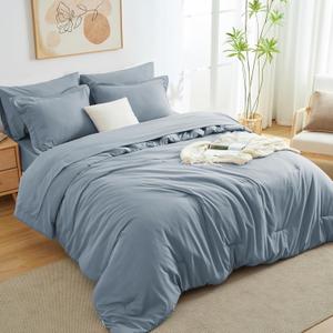 CozyLux Queen Comforter Set - Grayish Blue, 7-Piece Bed in a Bag Bedding Set with Comforter, Fitted Sheets, Pillow Shams and Pillowcases - All Season Boho Style