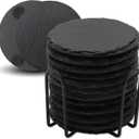 12 Pack Slate Drink Coasters with Metal Holder, VIBRATITE 4 Inch Black Slate Stone Coasters Bulk Laser Engraving Blanks with Anti-Scratch Bottom for Drink Coffee Bar Kitchen Home Decor, Round