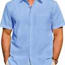 Alimens & Gentle Mens Short Sleeve Cotton Linen Texture Shirt Casual Untucked Button Down Lightweight Shirts Summer Beach (Blue, M)