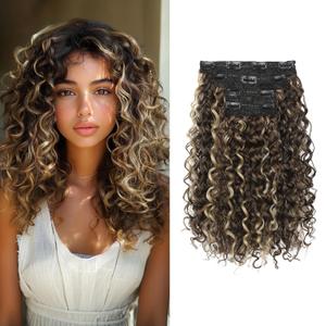 Flufymooz 4PC Clip in Hair Extensions, 14 Inch 100 Pure Protein Silk Short Hairpiece Deep Curly Wavy Hair Extensions Clip in Natural Soft Hairpiece for Women-Medium Brown Ash Blonde Highlight