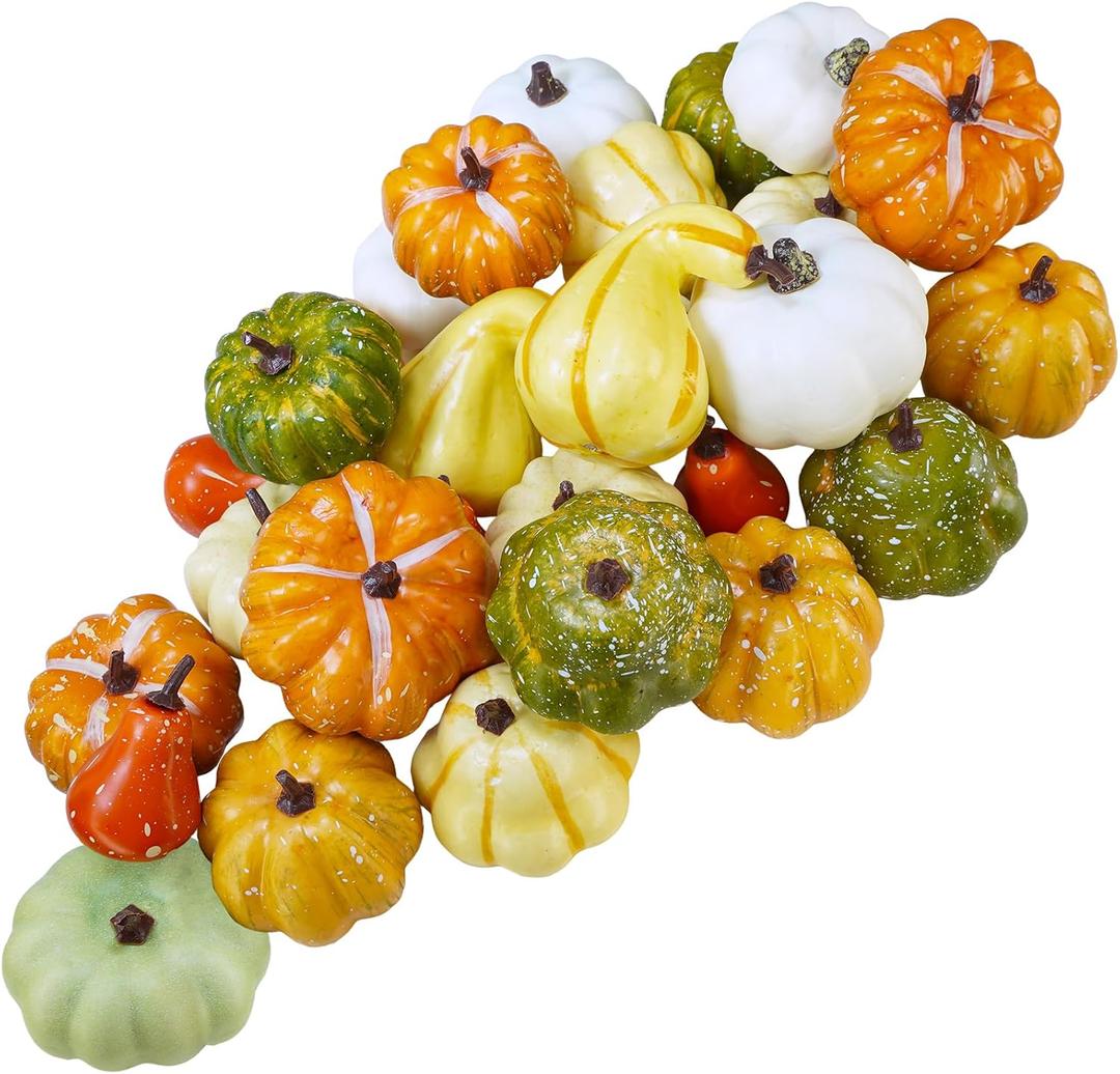 Winlyn 30 Pcs Assorted Rustic Harvest Artificial Pumpkins Gourds Squashes Decorative Fall Pumpkins Fake Foam Pumpkins Autumn Party Thanksgiving Halloween Table Centerpiece Wreath Mantle Bowl Filler