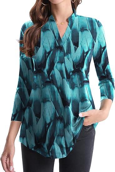 Womens Casual Summer Shirts Notch V Neck Blouses 3/4 Roll Sleeve Tops Tunics XL