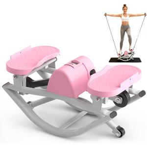 Rock Stepper for Exercise at Home, Lateral Rocking Stepper with Digital Counter & Resistance Bands, 330 LBS Weight Capacity & Low Impact, Ski Machine Full Body Workout Equipment (Pink)